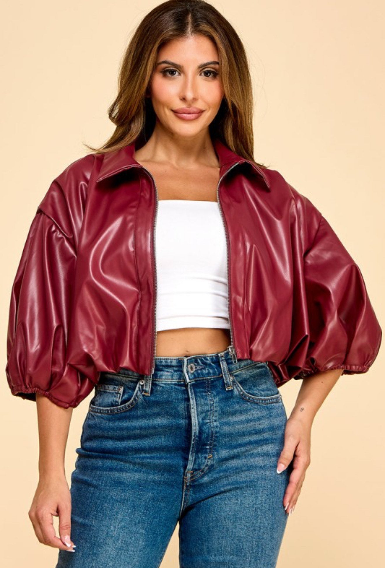 Burgundy Faux Leather Crop Jacket