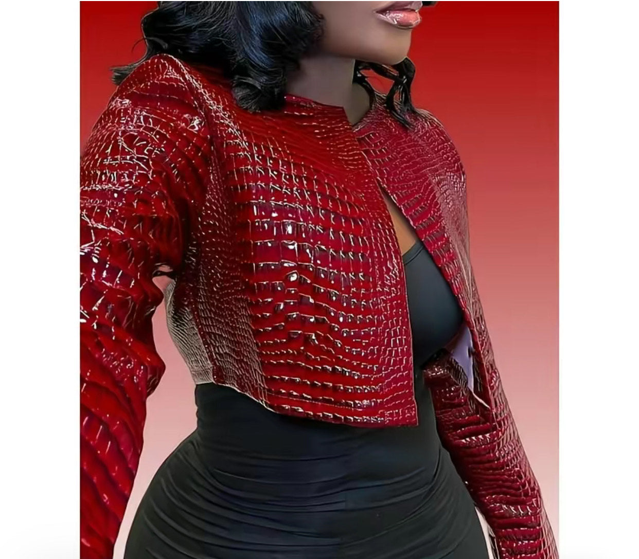 Burgundy Faux Crocodile Leather Crop Jacket