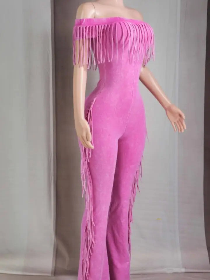 Pink Mineral Wash Fringe Off Shoulder Jumpsuit
