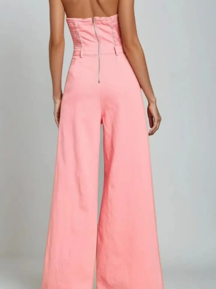 Pink Off Shoulder Wide Leg Denim Jumpsuit