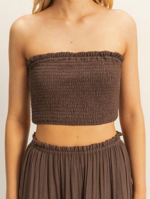 Coco Brown Smocked Strapless Top and Skirt Set