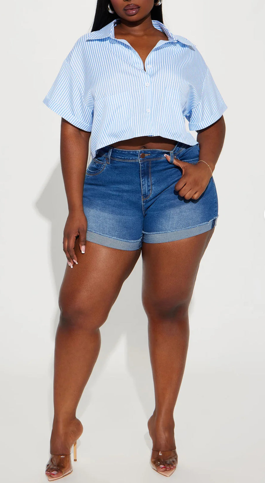 Blue & White Pin Stripe Crop Button Up