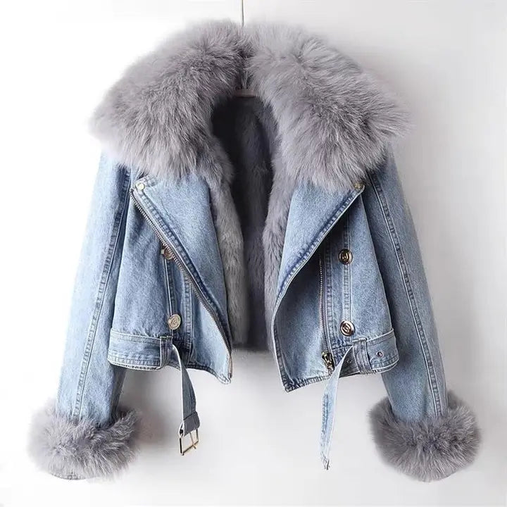 Denim Detachable Faux Fur Coat