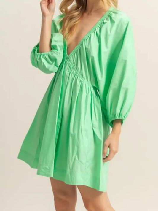 Green V Neck Poplin Mini Dress