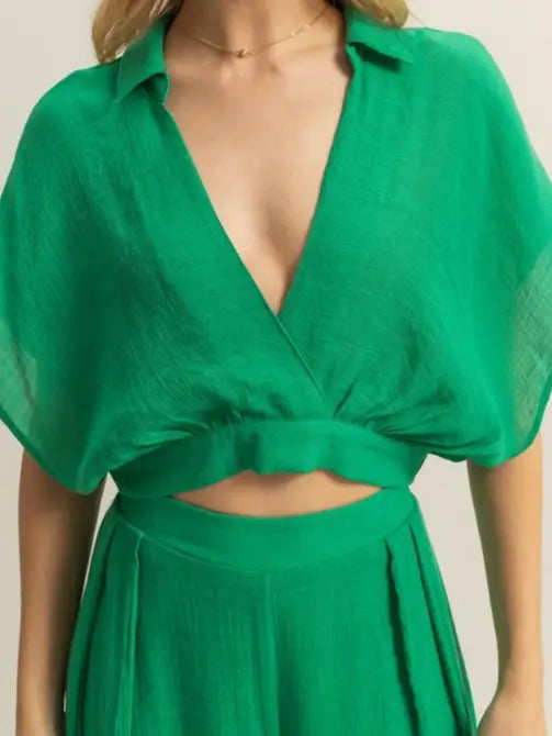 Green Pleated Two Piece Pants Set