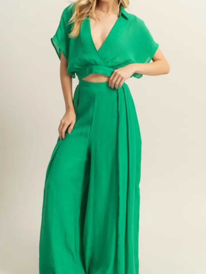 Green Pleated Two Piece Pants Set