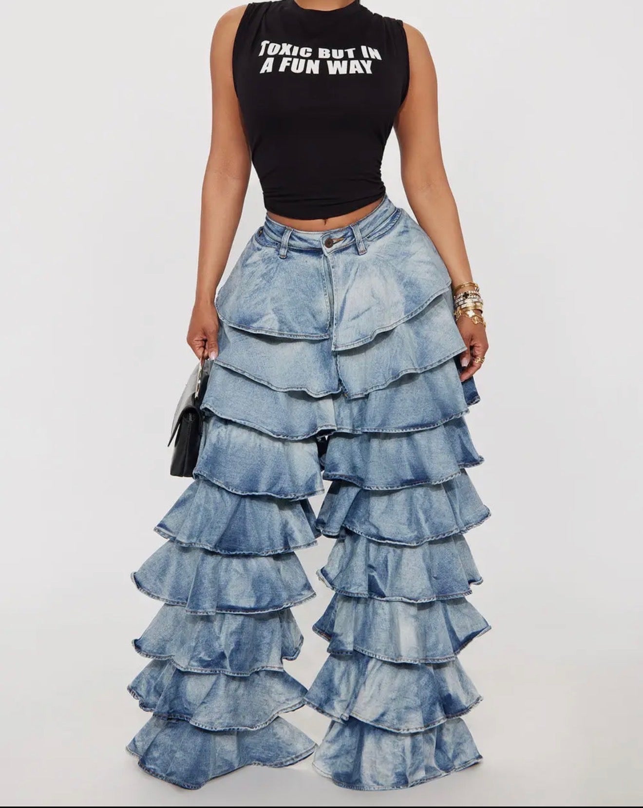 Medium Washed Layered Ruffle Denim Jeans