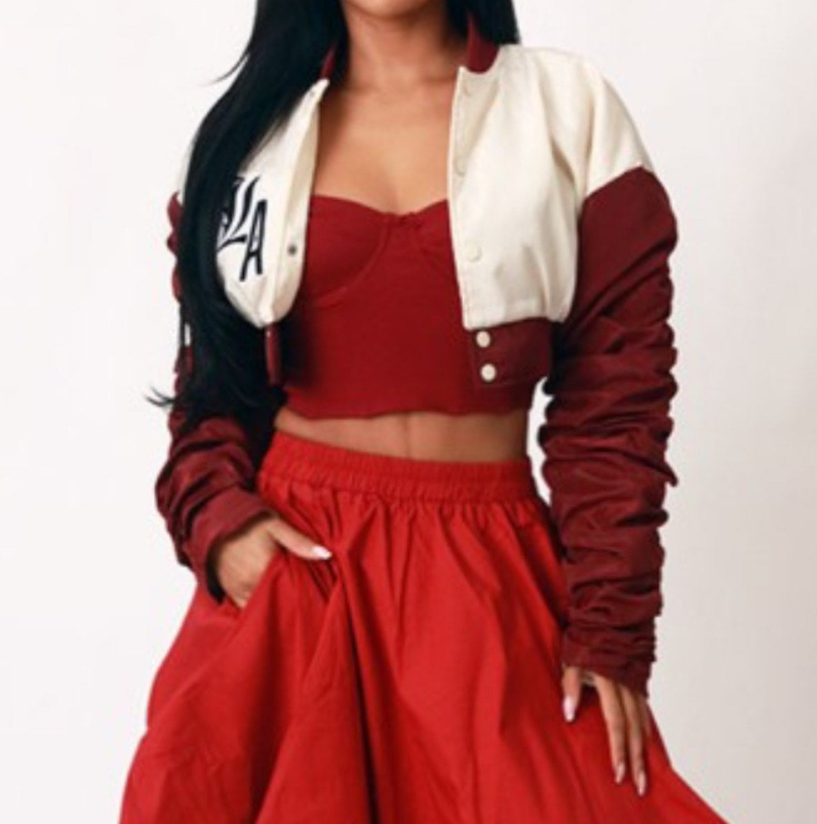 Burgundy Varsity Cropped Jacket