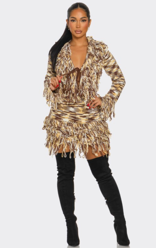 Fringe Sweater Skirt Set Multicolor
