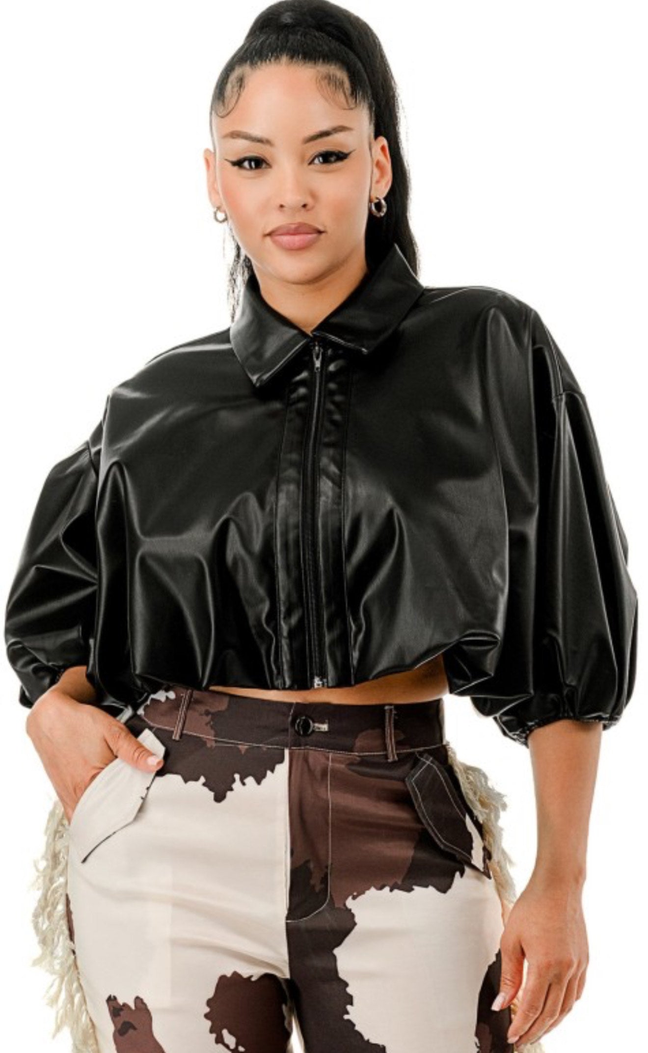 Black Crop Faux Leather Jacket