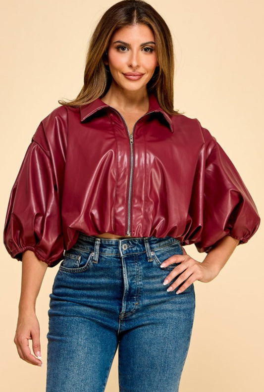 Burgundy Faux Leather Crop Jacket