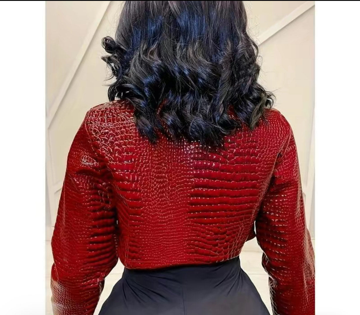Burgundy Faux Crocodile Leather Crop Jacket