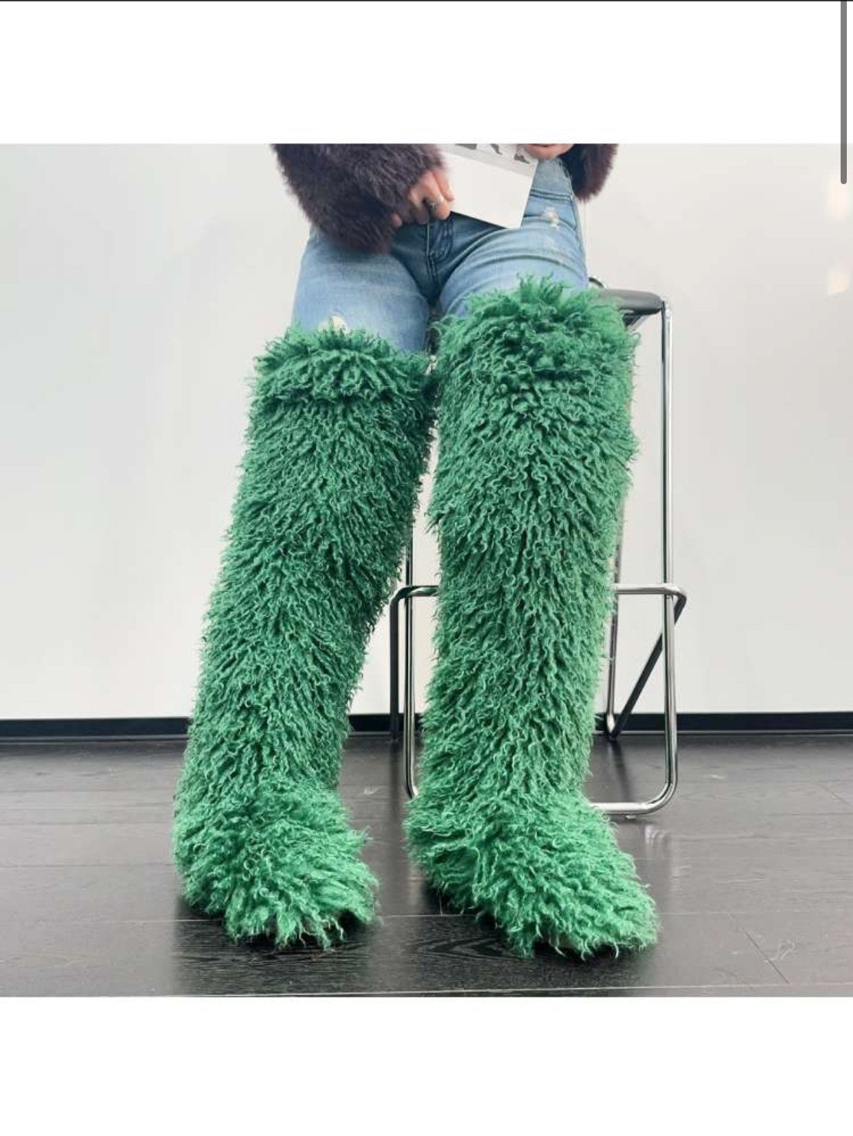 Galaxy Green Faux Fur Knee High Boots