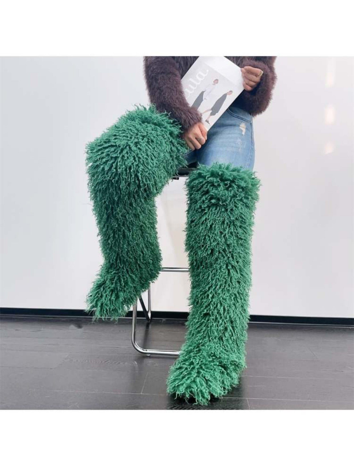 Galaxy Green Faux Fur Knee High Boots