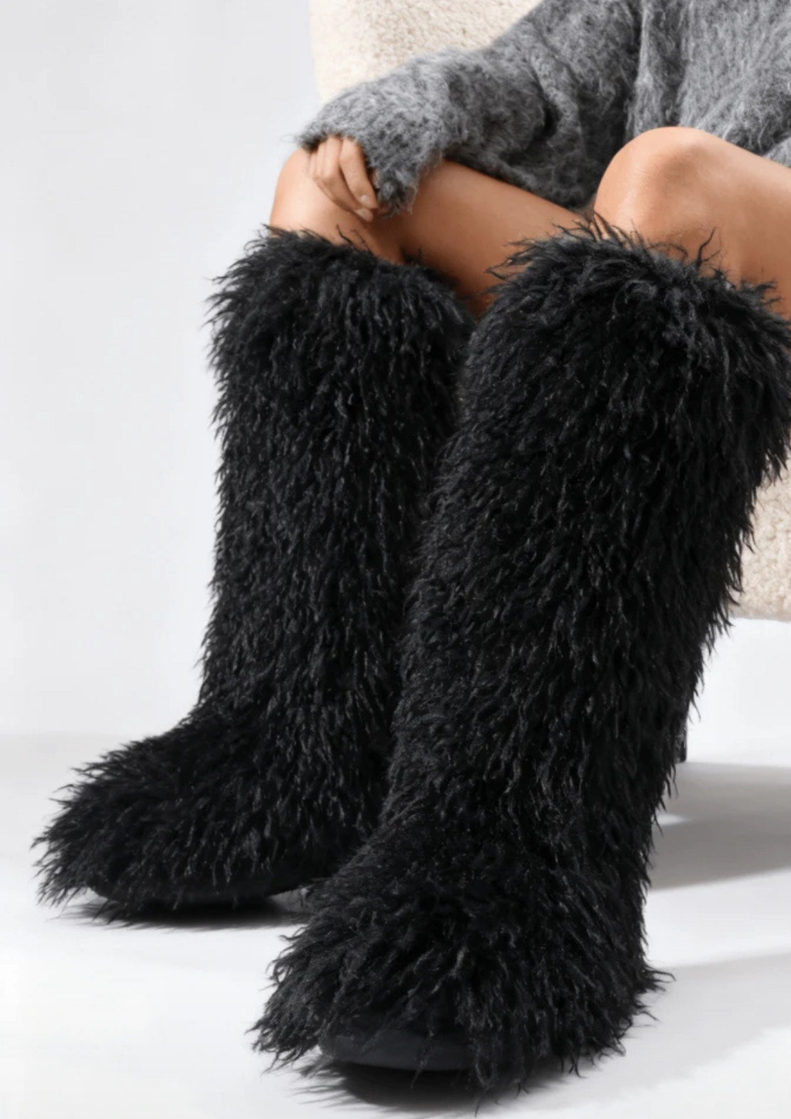 Black Sheek Faux Fur Knee High Boots