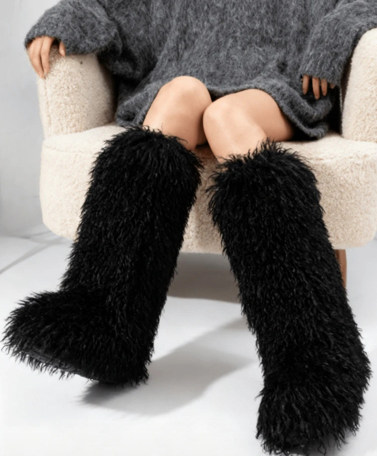 Black Sheek Faux Fur Knee High Boots