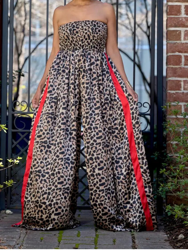 Leopard Side Stripe Wide Leg Jumpsuit