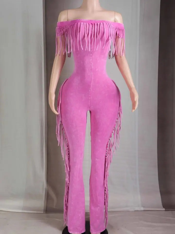 Pink Mineral Wash Fringe Off Shoulder Jumpsuit
