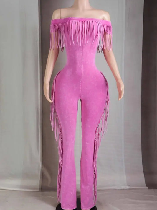 Pink Mineral Wash Fringe Off Shoulder Jumpsuit