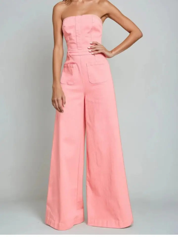 Pink Off Shoulder Wide Leg Denim Jumpsuit
