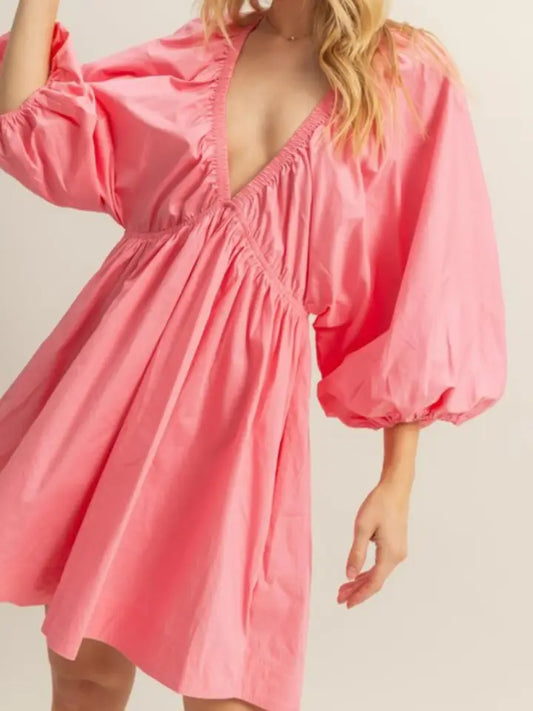 Pink V Neck Poplin Mini Dress