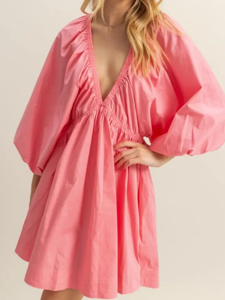 Pink V Neck Poplin Mini Dress