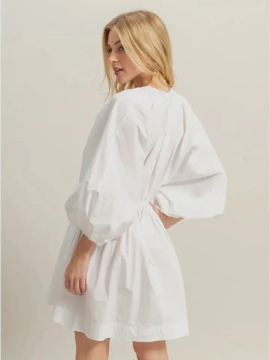 White V Neck Poplin Mini Dress