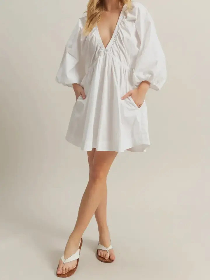White V Neck Poplin Mini Dress