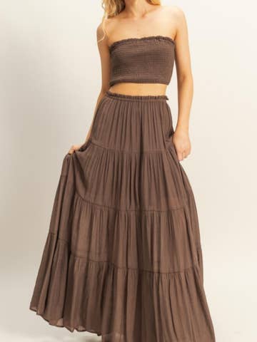 Coco Brown Smocked Strapless Top and Skirt Set